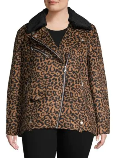 Avec Les Filles Plus Faux Fur-trim Leopard-print Biker Jacket In Beige Black