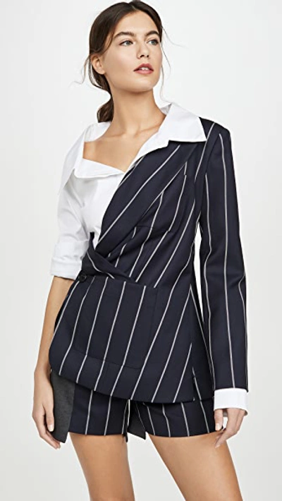 Monse Pinstriped Blazer And Poplin Combo Top In Navy