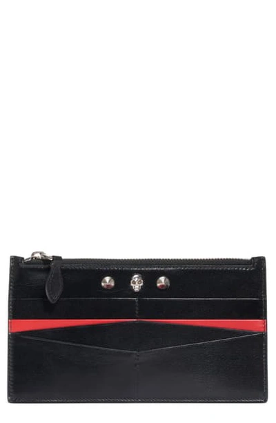 Alexander Mcqueen Skull Flat Leather Card Case In Black/ New Red