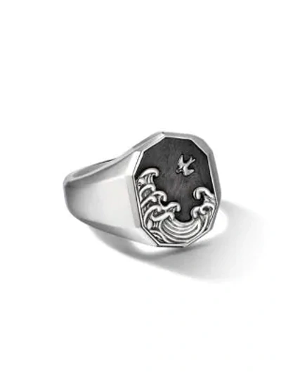 David Yurman Sterling Silver Waves Signet Ring With Forged Carbon In Black/silver