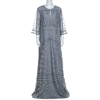 Pre-owned Burberry Silver Floral Lace Tulle Paneled Maxi Dress L