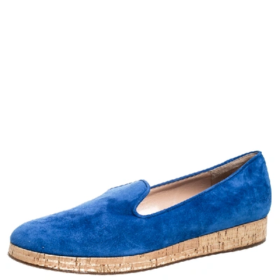 Pre-owned Gianvito Rossi Blue Suede Cork Platform Flat Loafers Size 39