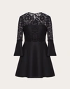 Valentino Jewel-neck 3/4 Flutter Cuff Crepe Couture Dress In Black