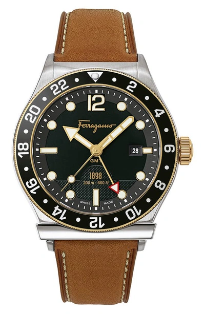 Ferragamo Sport Leather Strap Watch, 44mm In Brown/ Black/ Silver