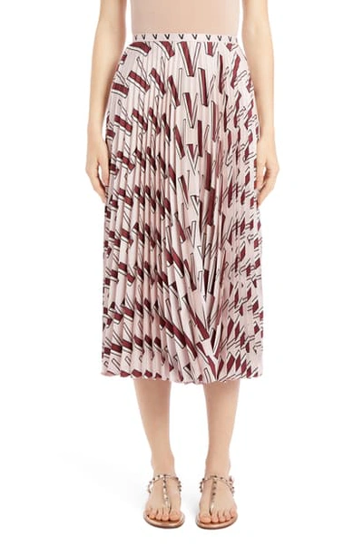 Valentino V-print Pleated Silk-satin Midi Skirt In Pink