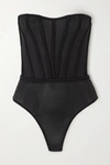 AGENT PROVOCATEUR ROXEY SILK-BLEND SATIN-TRIMMED MESH AND COTTON THONG BODYSUIT
