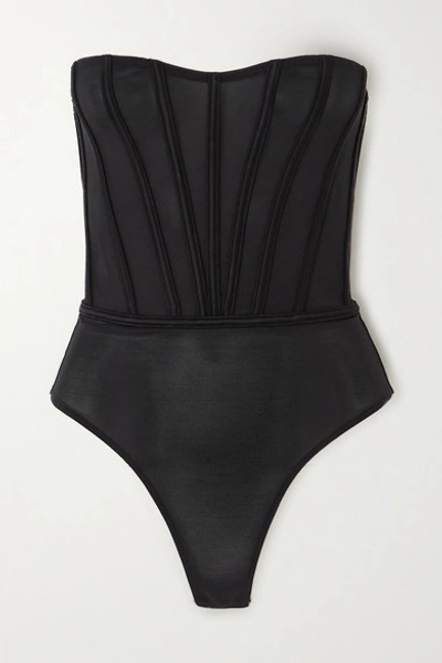 Agent Provocateur Roxey Silk-blend Satin-trimmed Mesh And Cotton Thong Bodysuit In Black