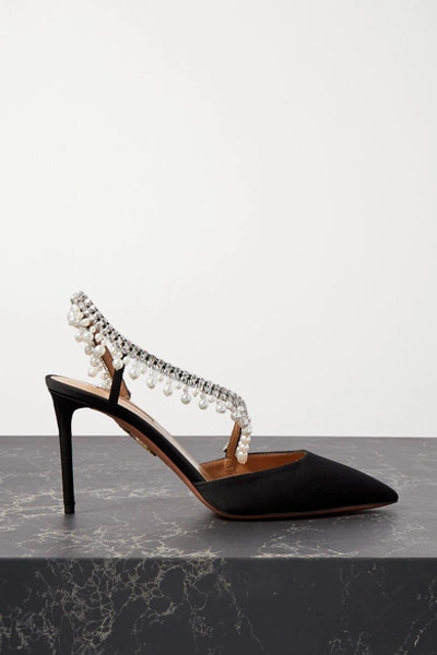 Aquazzura Exquisite 85 Crystal And Faux Pearl-embellished Grosgrain Slingback Pumps In Black