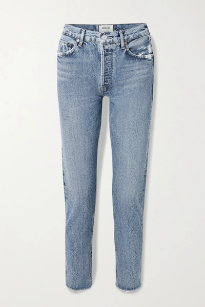 Agolde Jamie Cropped Frayed Organic High-rise Straight-leg Jeans In Light Blue