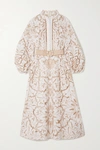 ZIMMERMANN EDIE BELTED BRODERIE ANGLAISE LINEN AND COTTON-BLEND MIDI DRESS