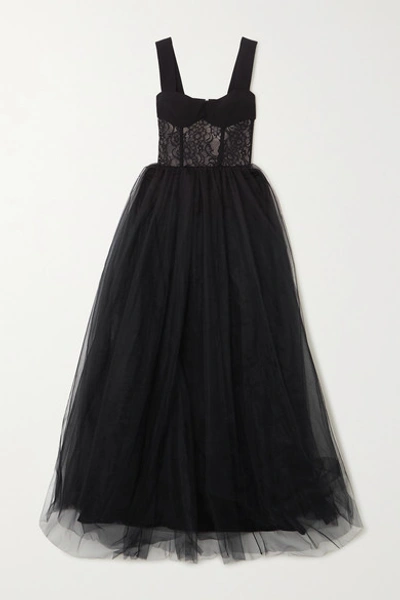 Rasario Crepe, Lace And Tulle Gown In Black