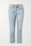 Agolde Riley Cropped Distressed High-rise Straight-leg Jeans In Light Denim