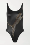 AGENT PROVOCATEUR Indiana crystal-embellished stretch-satin swimsuit