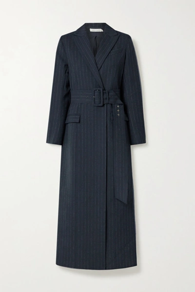 Anna Quan Delphine Belted Pinstriped Twill Coat In Navy