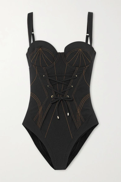 Agent Provocateur Safiya Lace-up Ribbed Underwired Swimsuit In Black