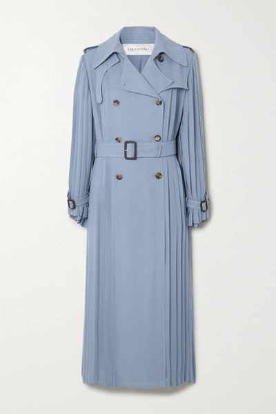 Valentino Pleated Silk-crepe Trench Coat In Blue