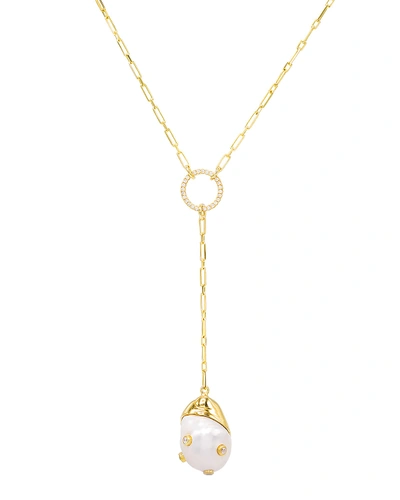 Adinas Jewels Pearl Lariat Necklace With Cubic Zirconia In Gold