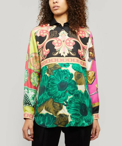 Etro Floral-patchwork-print Brushed Silk Shirt In Green
