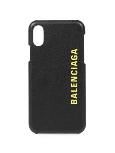 Balenciaga Cash Leather Iphone 10 Case In Black Flourescent Yellow