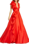 Mac Duggal Sleeveless Floral Ruffle Ruched Chiffon Ball Gown In Cherry