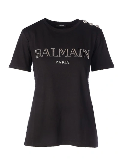 Balmain 3 Btn Metallic Vintage Logo T-s In Eac Noir Argent