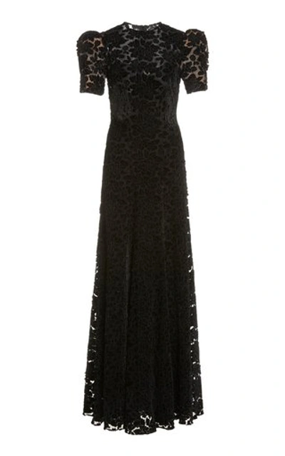 The Vampire's Wife Flocked Lace Short-sleeve Maxi Dress In Black