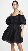 Goen J Cold-shoulder Gathered Silk-blend Cloqué Mini Dress In Black