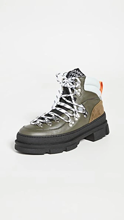 Ganni Sporty Hiking Leather And Suede Ankle Boots In Green