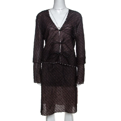 Pre-owned Fendi Vintage Bicolor Knit Embellished Detail Skirt And Cardigan Set L In Black