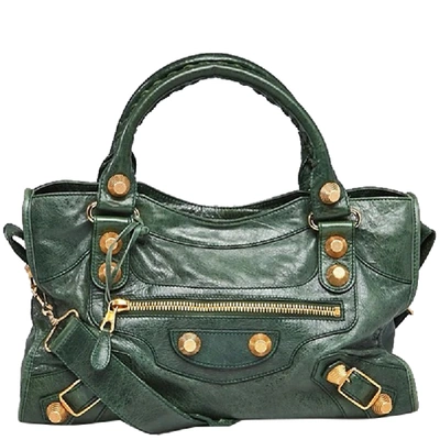 Pre-owned Balenciaga Emerald Lambskin Leather Giant 21 Gold Motorcycle City Bag In Green