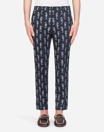 Dolce & Gabbana Stretch Cotton Pants In Seahorse Print In Blue