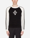 DOLCE & GABBANA TWO-TONE CREW NECK VIRGIN WOOL SWEATER WITH PATCH