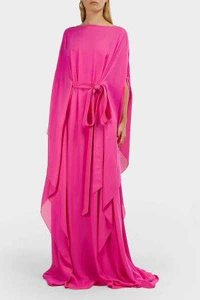 Oscar De La Renta Belted Silk-crepe Kaftan In Neon Pink