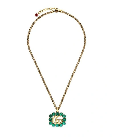 Gucci Gold-tone Green Crystal Double G Pendant Necklace