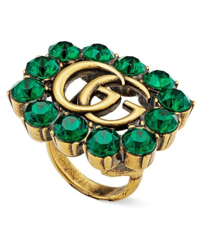 Gucci Gold-tone Green Crystal Double G Ring