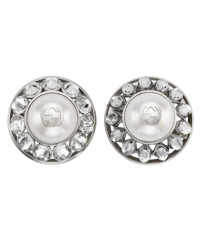 Gucci Silver-tone Double G Faux Pearl And Crystal Asymmetric Clip-on Earrings In White