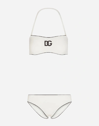Dolce & Gabbana Logo Embroidered Bandeau Bikini In White/black