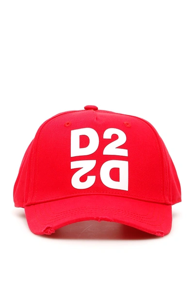 Dsquared2 D2 Print Cotton Canvas Baseball Hat In Red,white