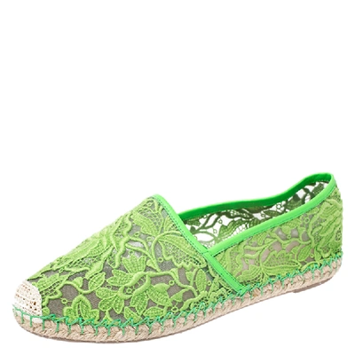 Pre-owned Valentino Garavani Green Lace, Leather Trim And Mesh Espadrille Flats Size 38