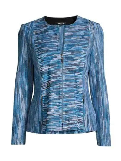 Misook Zip-front Mélange Knit Jacket In Harbor Blue/black/white