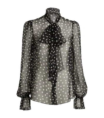 Dolce & Gabbana Polka-dot-print Chiffon Tie-neck Blouse In Bianco/nero