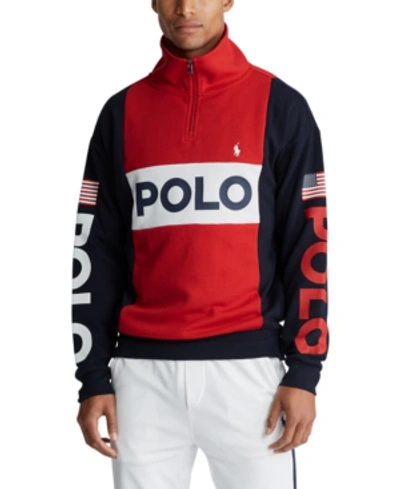 Polo Ralph Lauren Half Zip In Navy Color Block With Polo Branding In Red