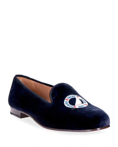 Stubbs And Wootton Yacht Logo Embroidered Velvet Smoking Loafers In Navy