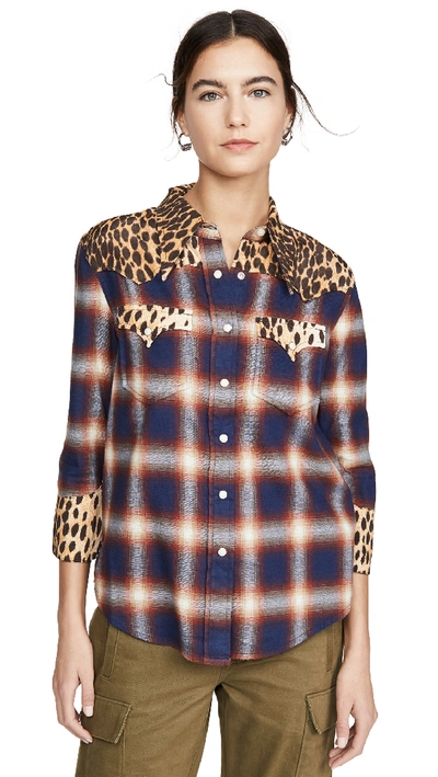R13 Exaggerated Collar Cowboy Shirt In Blue/cheetah