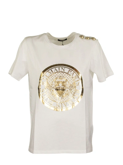 Balmain Jersey T-shirt With Golden Medallion Print In White,gold