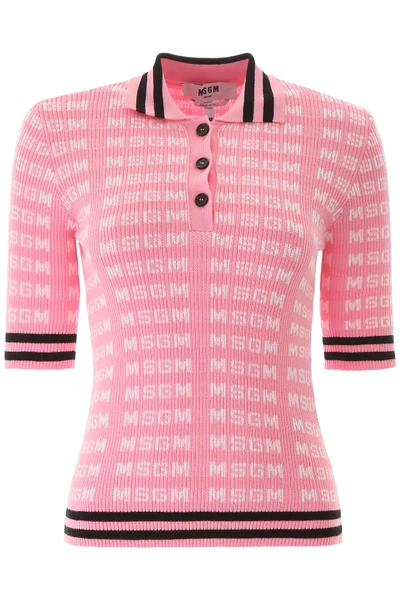 Msgm Polo Shirt With All-over Logo In Pink,white,black