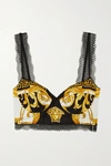 VERSACE LACE-TRIMMED PRINTED SILK-TWILL BUSTIER TOP