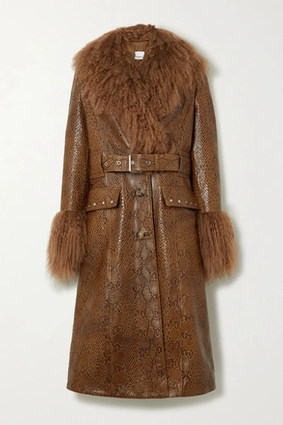 Burberry Wetherby Belted Shearling-trimmed Snake-effect Leather Coat In Brown