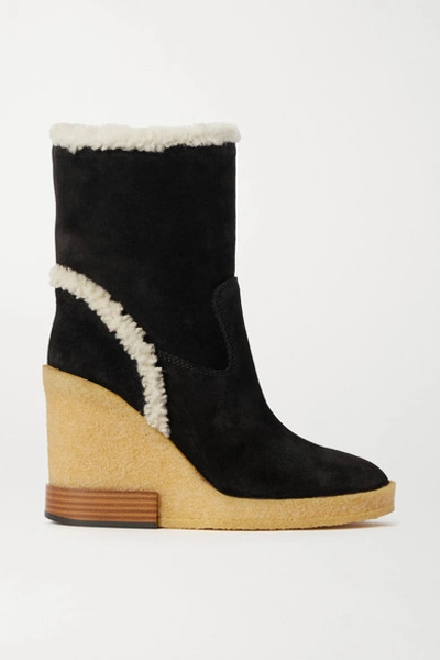 Tod's Shearling-trimmed Suede Wedge Ankle Boots In Black