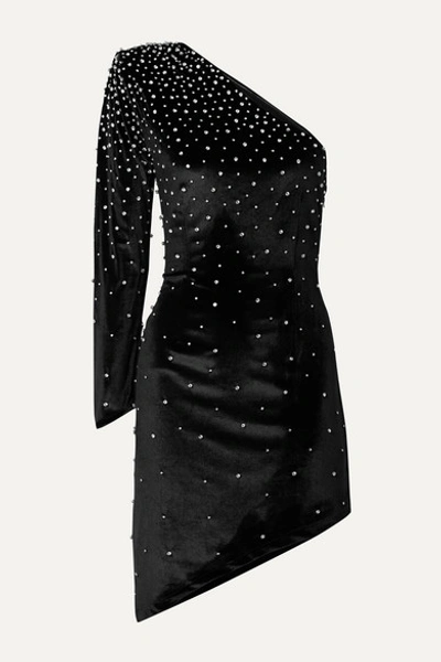 Retroféte Lana One-shoulder Crystal-embellished Velvet Mini Dress In Black